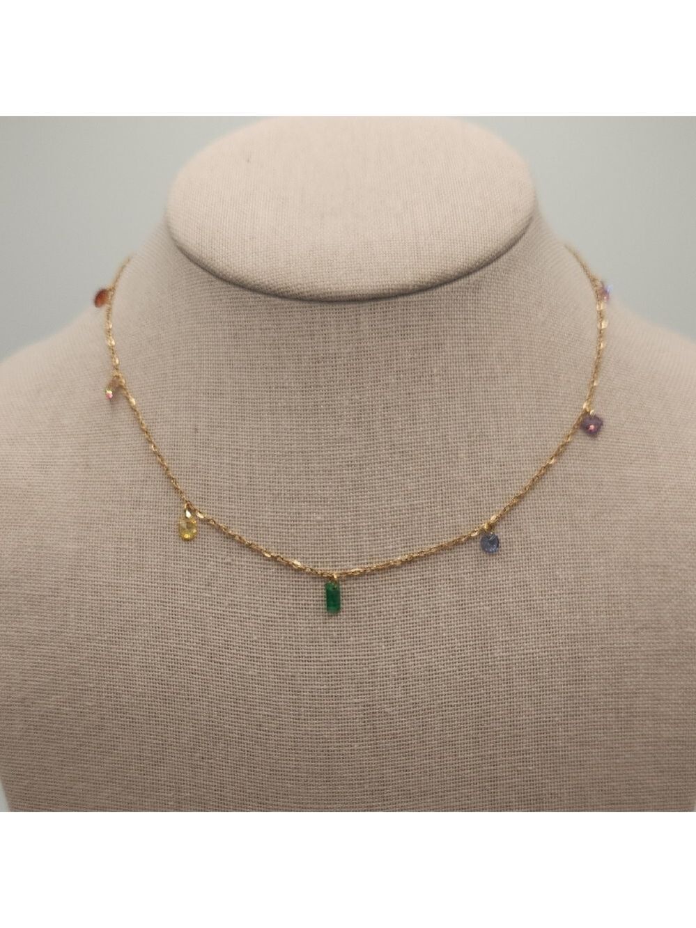 Elegant Gold Multicolor Simulated Gemstone Necklace, 18k Gold Plated SS - Picture 3 of 10